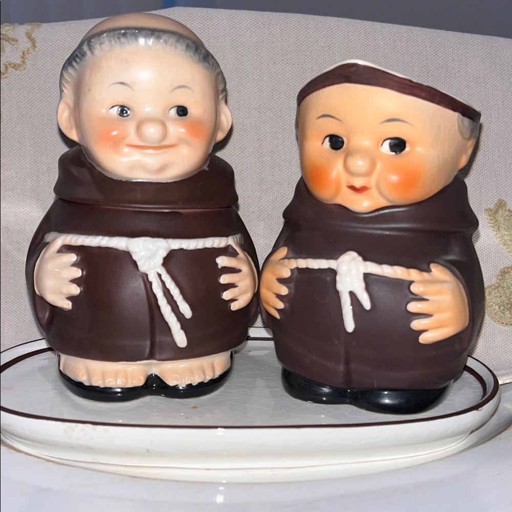 Goebel Friar Tuck Monk Figurine Pair - Sugar Bowl and Creamer West Germany
